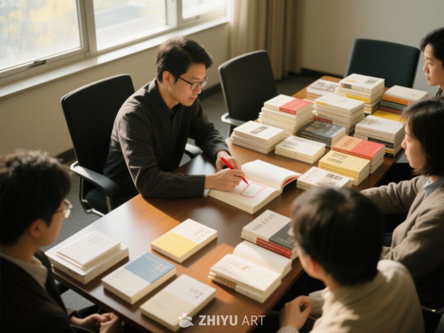 团队围坐讨论书籍 448