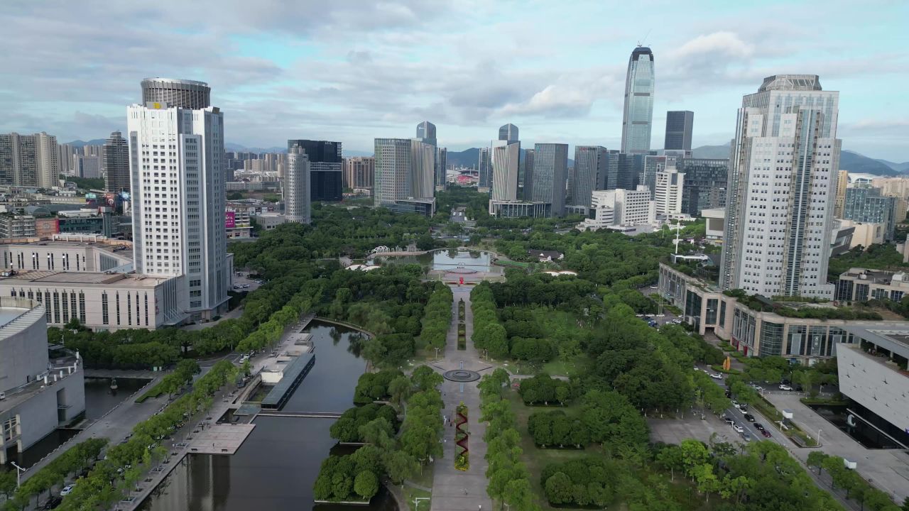 航拍台州市民广场水景公园