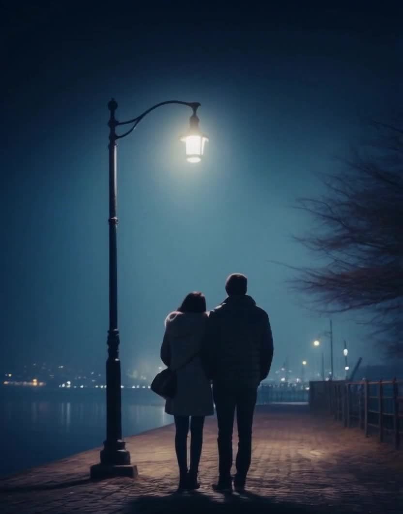 夜晚码头情侣依偎远望，路灯点亮美好时光