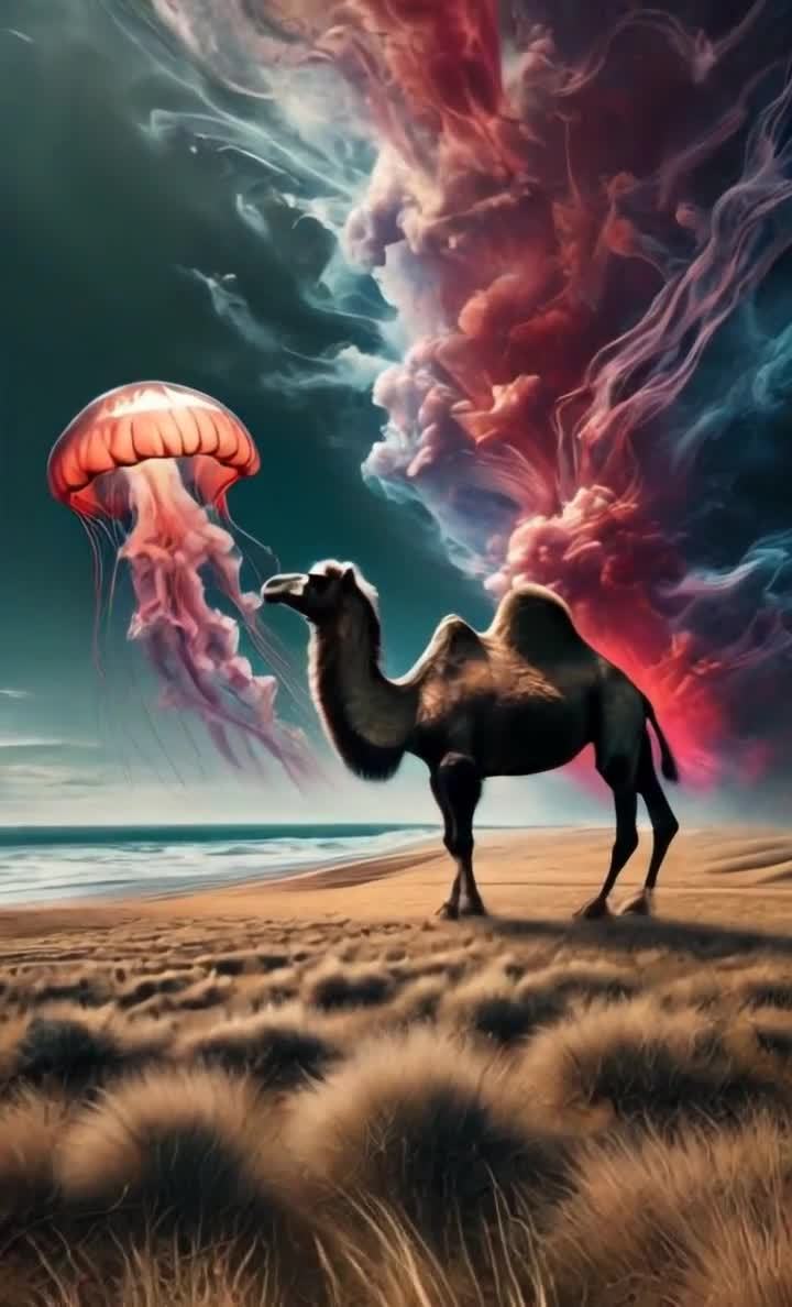 海滩骆驼与红色水母状天空奇景