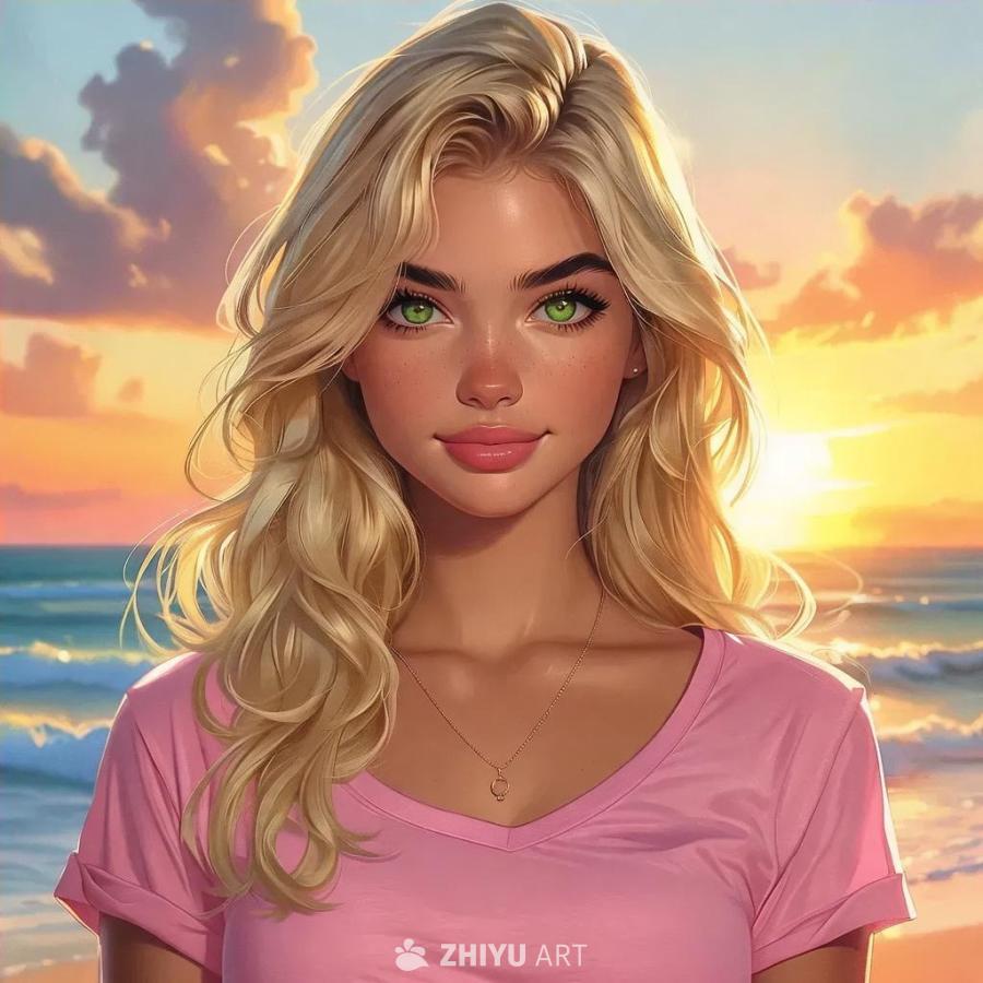 一位有着金色头发和绿色眼睛的年轻女子，穿着粉色衬衫