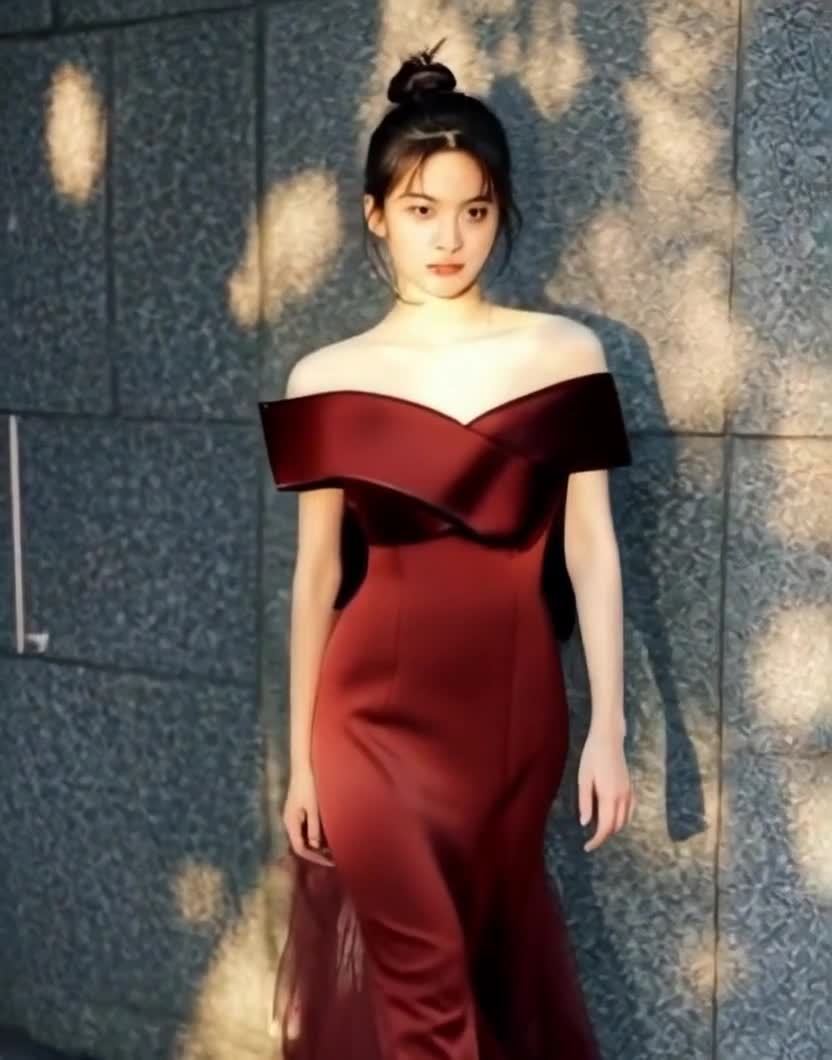 一个年轻女性，站在一堵有纹理的墙前。她穿着一件深红