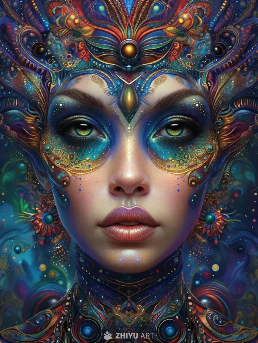 一个外星艺术插图，风格为平衡对称，具有精细的面部特