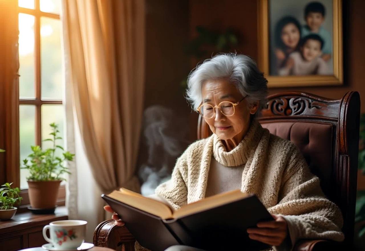 一位戴着眼镜的年长女性坐在棕色的扶手椅上，手里拿着