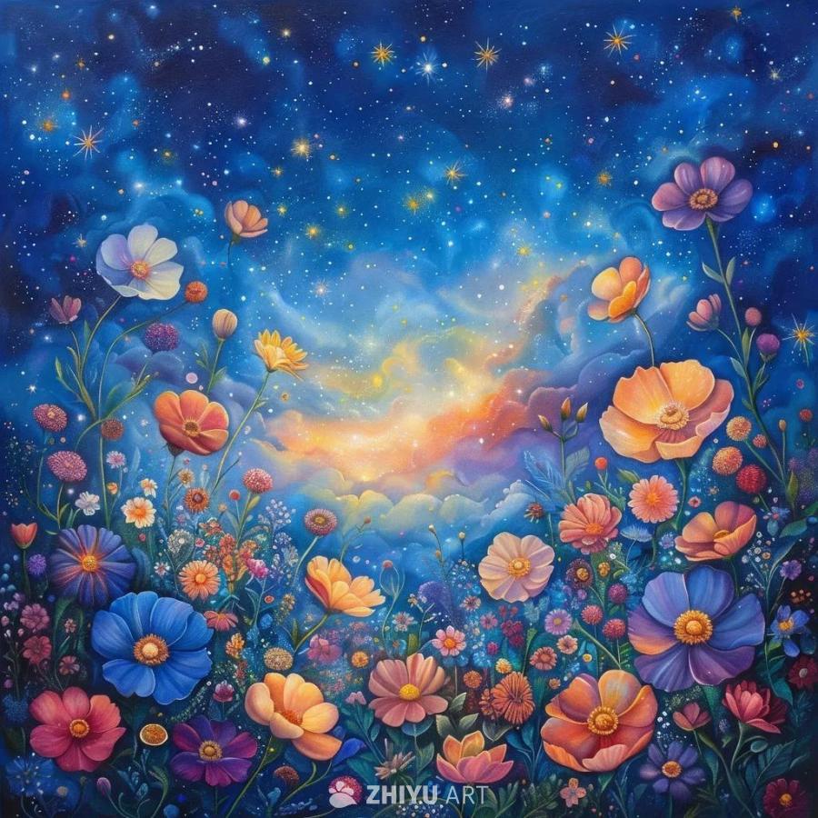 深蓝色夜空中点缀着闪烁的星星。地面上盛开着各种颜色