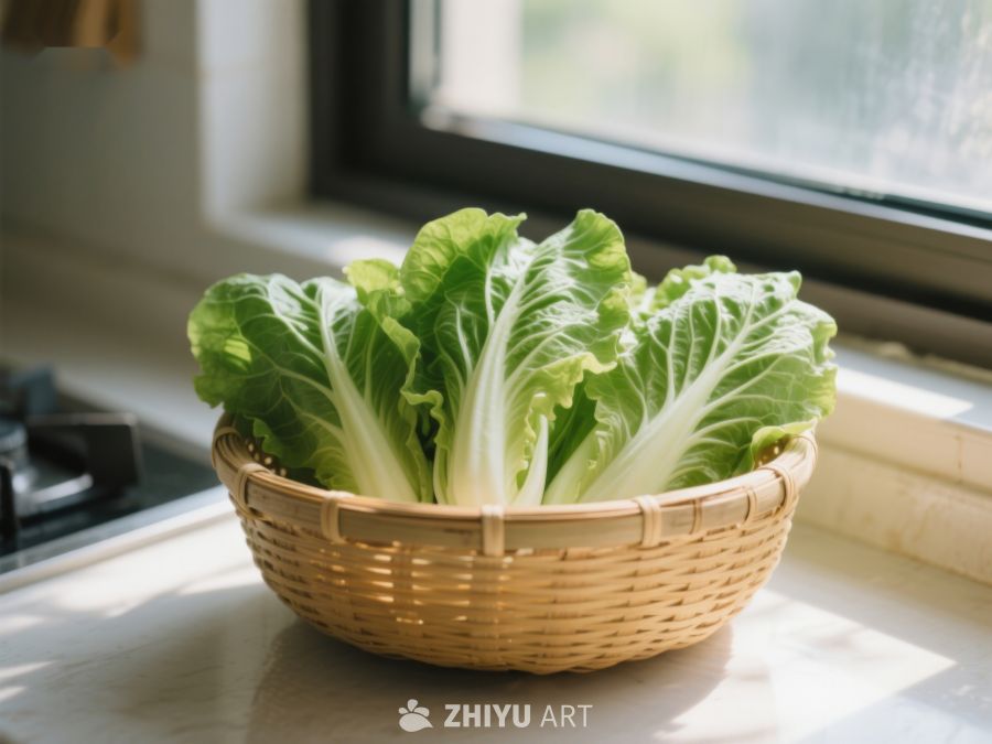 窗边竹篮中的新鲜生菜 162