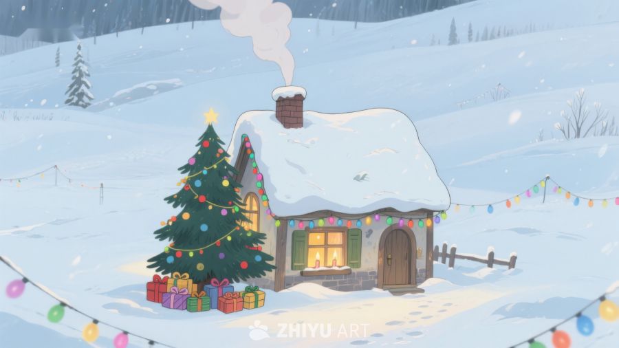 雪景中的温馨小屋与圣诞树 352