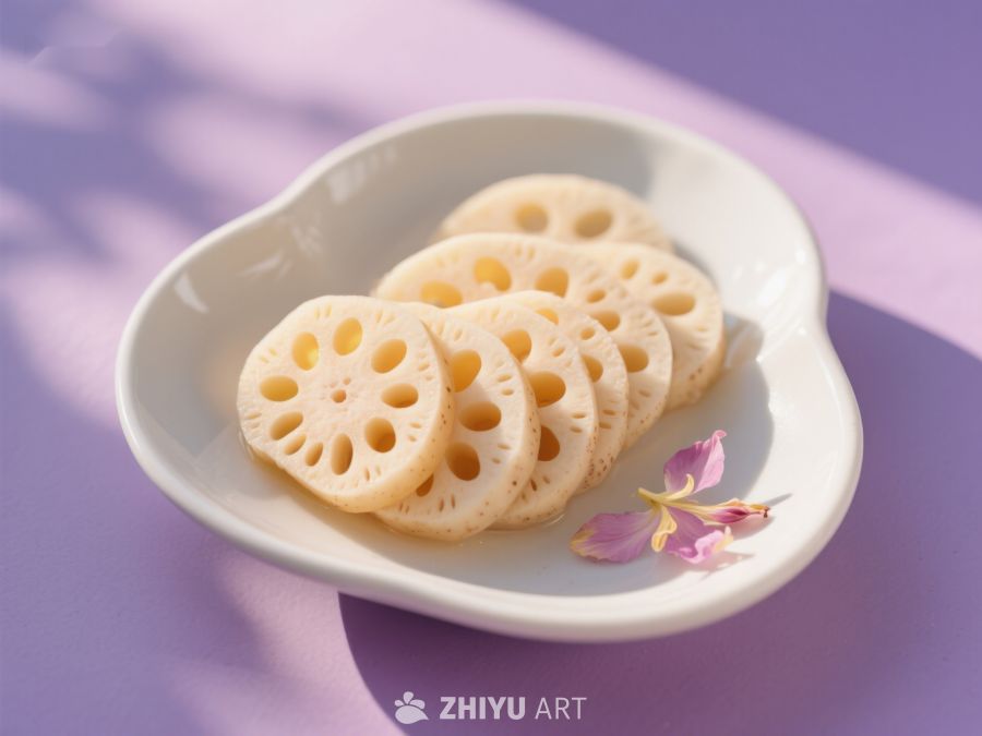 莲藕切片摆盘，紫色背景点缀花瓣 236
