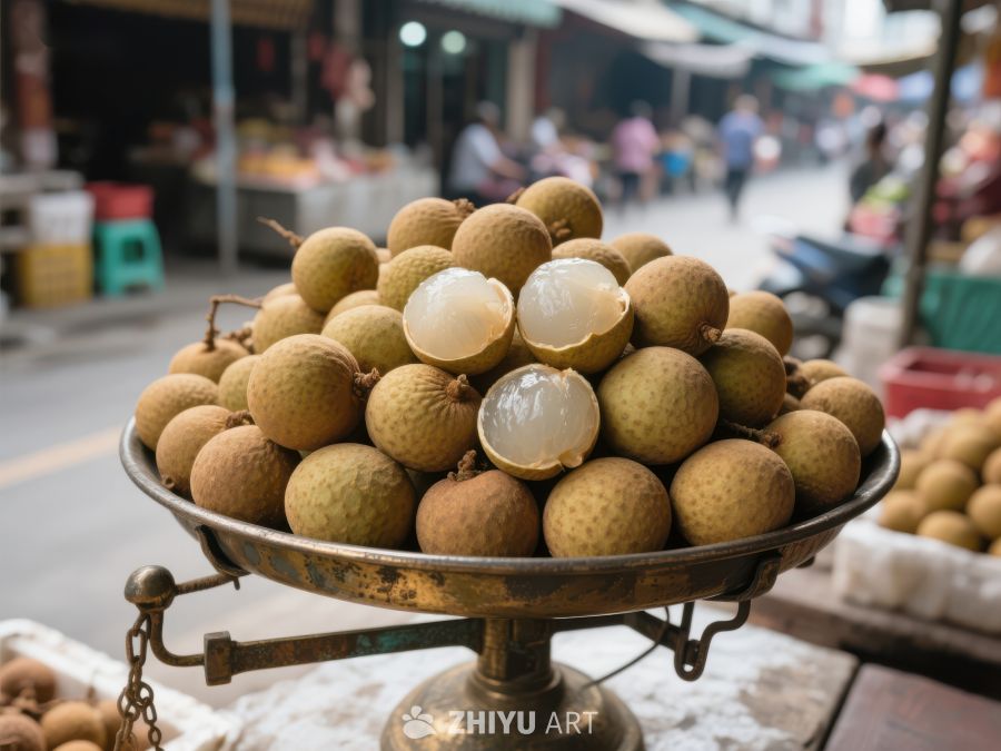 新鲜龙眼堆放在古铜色托盘上 668