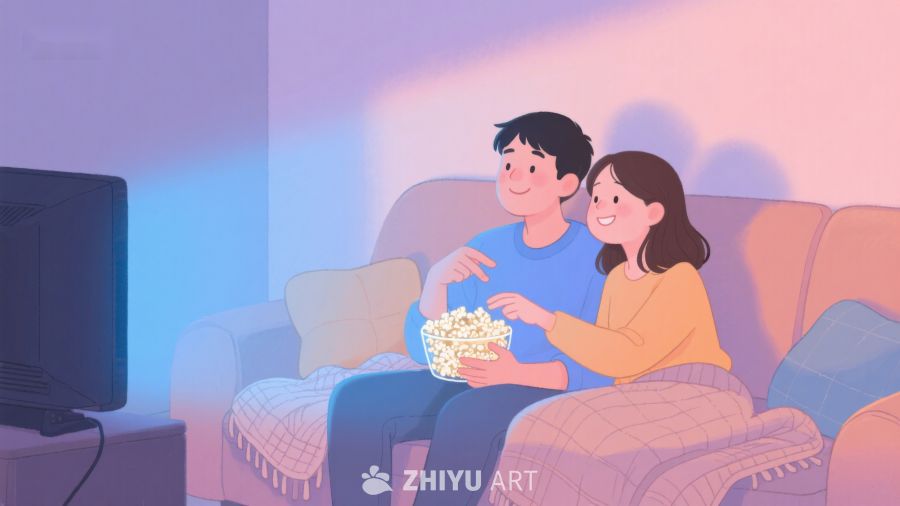 情侣沙发上看电视，共享爆米花时光 236