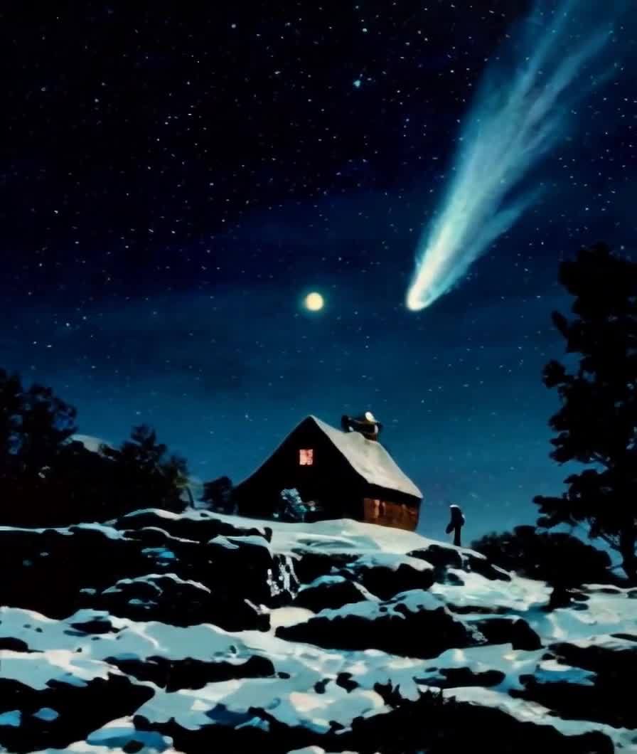 雪夜小屋彗星划过星空孤独身影