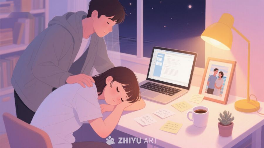 熬夜工作，伴侣轻抚安慰 1