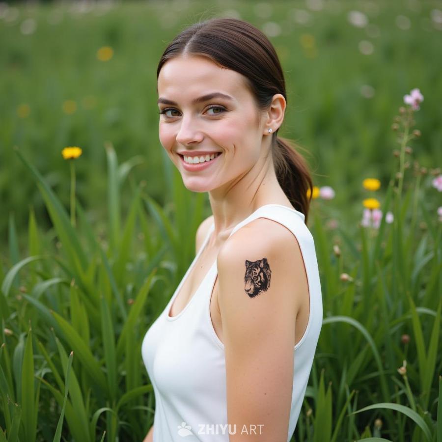 一名年轻女子站在一片绿草地中，她穿着白色背心，头发