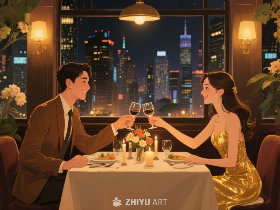 情侣在城市夜景中享用浪漫晚餐 584