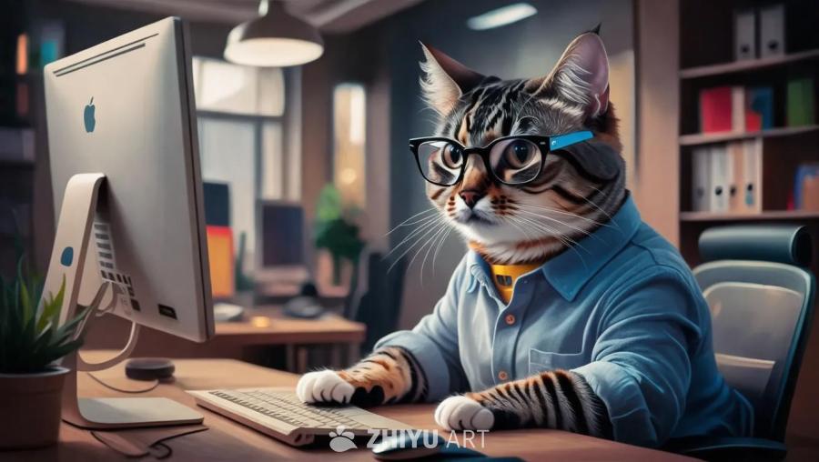 一只猫戴着眼镜，穿着衬衫，坐在办公室的电脑前工作。