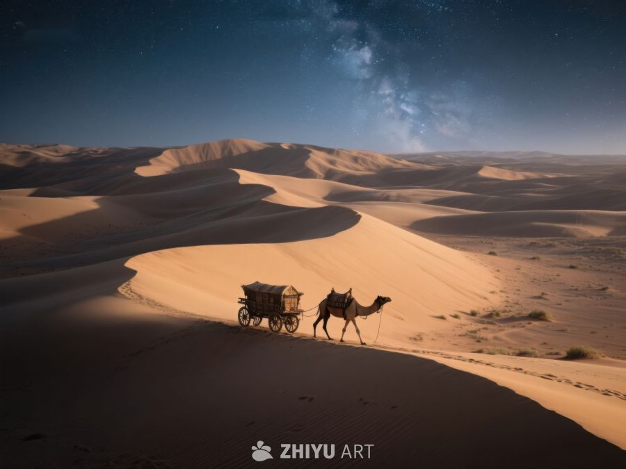 沙漠夜景：骆驼与木车的星空之旅 80