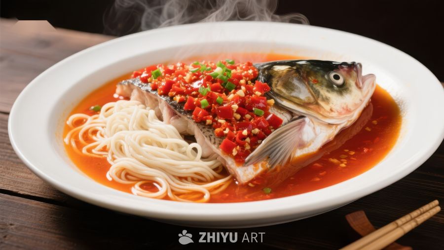 香辣鱼头配面条，热气腾腾