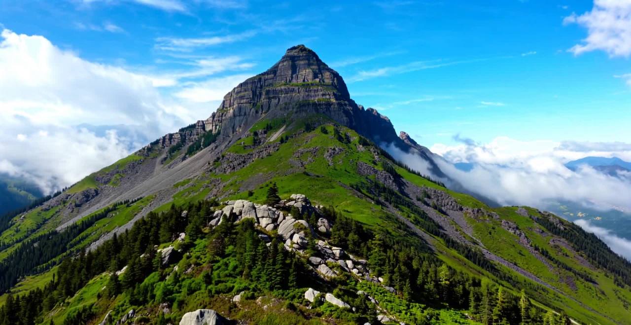 高耸的山峰耸立在画面中心，山体呈现出岩石的质感，边