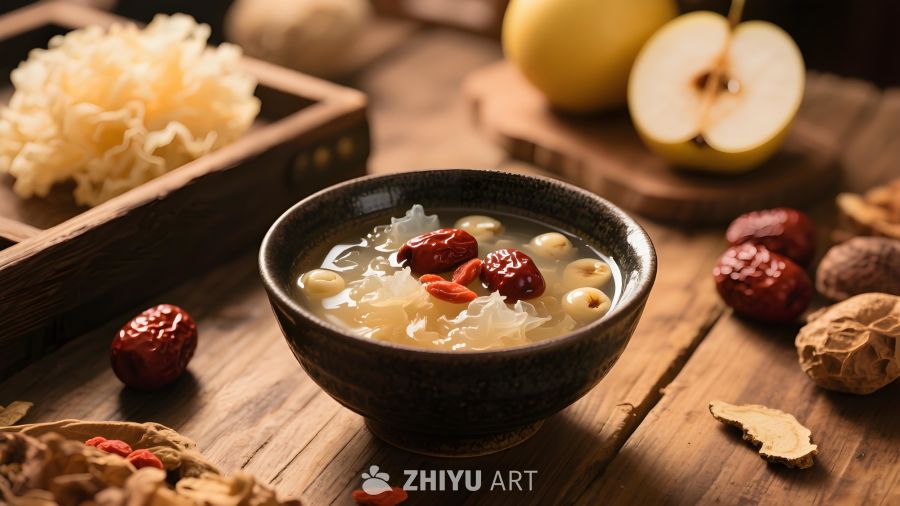 中式甜汤木桌摆黑碗银耳莲子羹周围散落食材营造传统养生氛围
