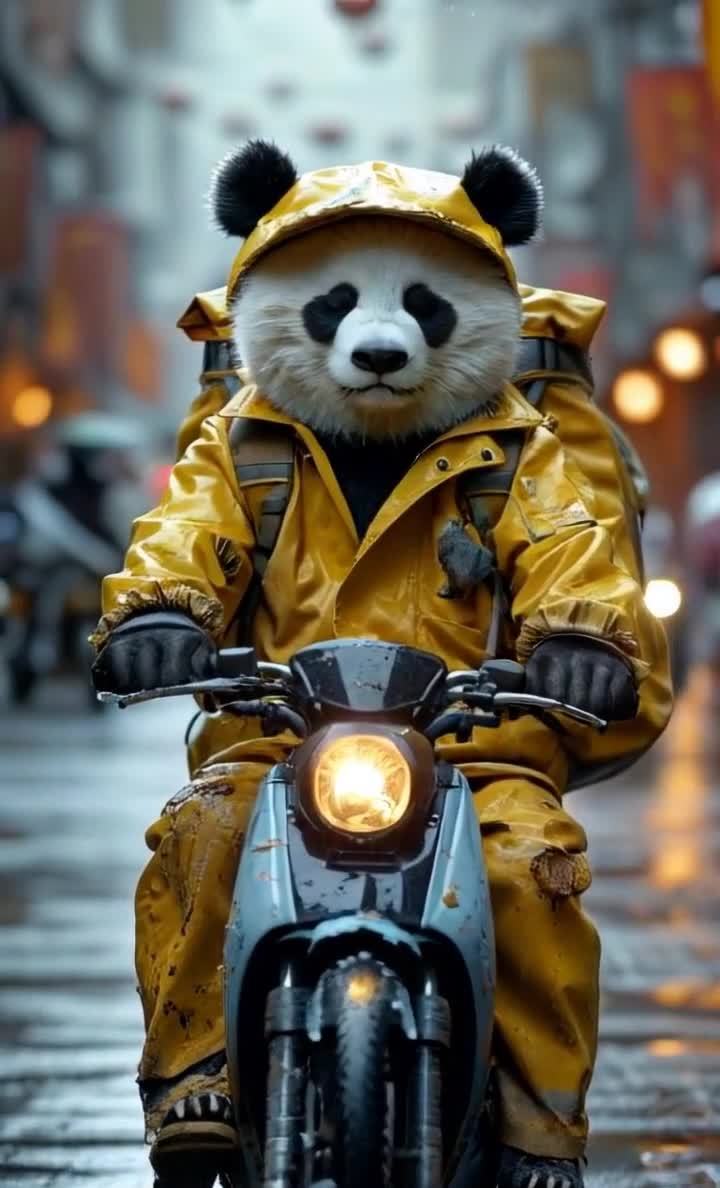 一只熊猫戴着黄色帽子和雨衣，骑着一辆蓝色的摩托车。