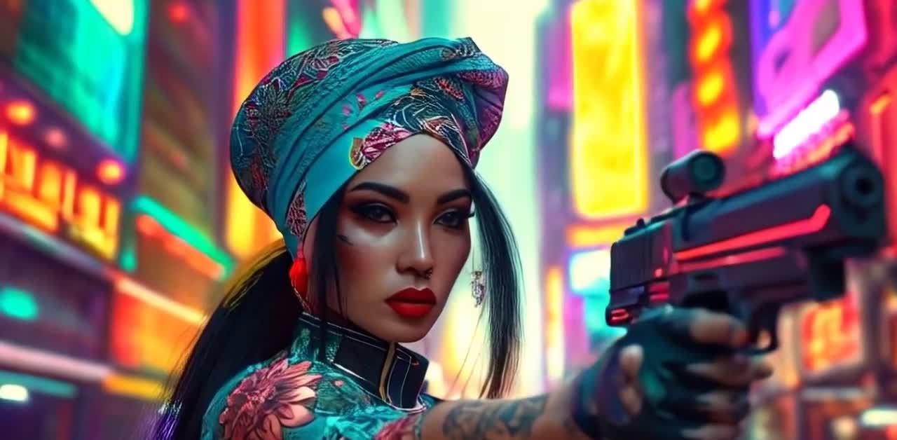 戴头巾持枪的女人，霓虹都市下的赛博朋克风格