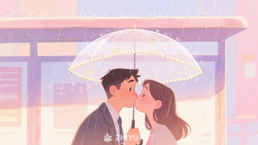 雨中情侣共伞温馨一吻 666