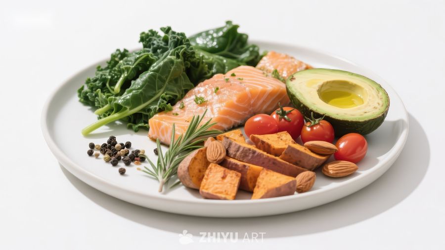 健康餐盘：三文鱼、甜薯与蔬菜