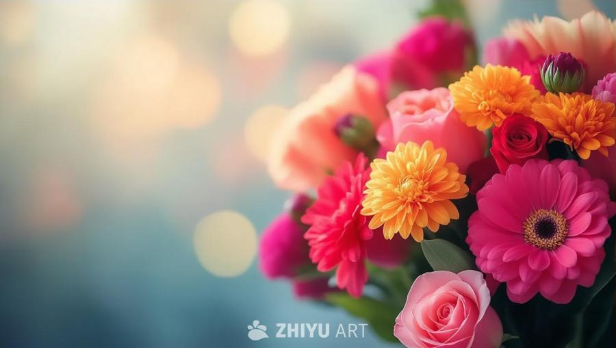 一束美丽的鲜花，有粉色，橘色和红色的玫瑰和菊花，背