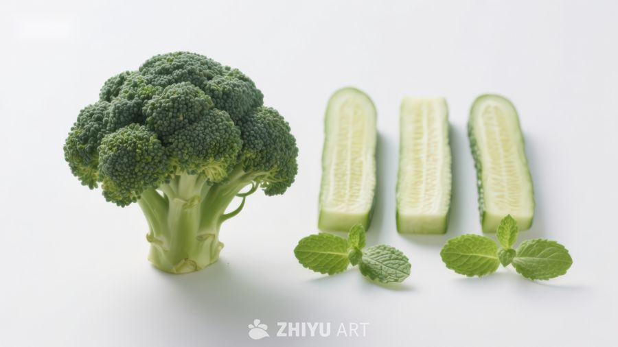 西兰花与黄瓜切片及薄荷叶
