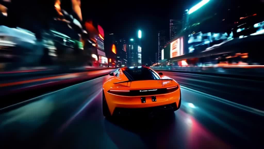 橙色的跑车行驶在夜晚的城市街道上，周围是灯光闪烁的