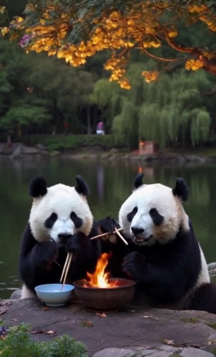 湖边熊猫围炉夜话：静谧水景美食相伴