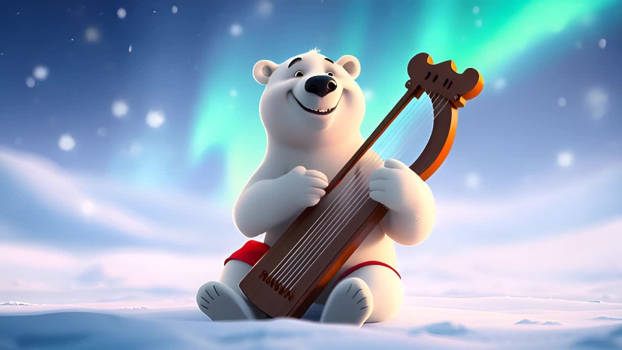 一只白色的北极熊坐在雪地上，它正在弹奏竖琴。熊的脸
