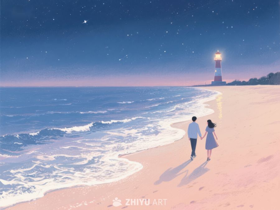 夜幕下的灯塔与海滩漫步 1080