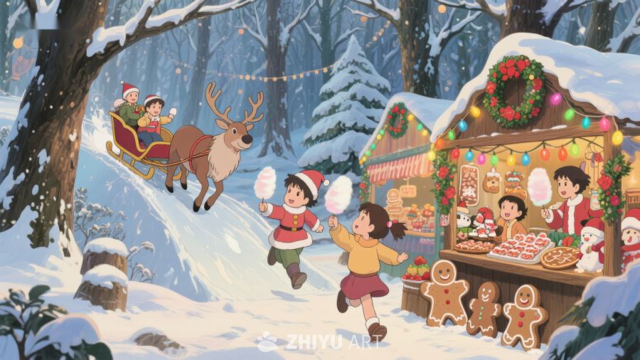 冬日雪景中的圣诞集市与欢乐儿童 16