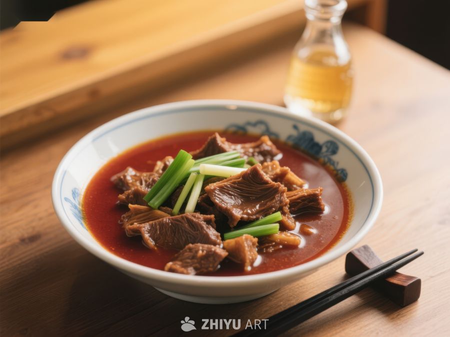 红烧牛肉面，配以青葱点缀 35