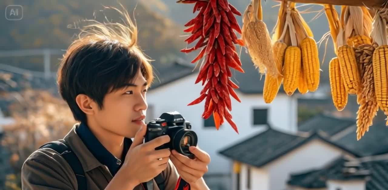 男子拍摄悬挂辣椒玉米的乡村风景