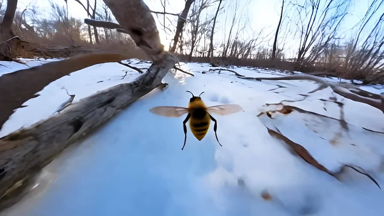 一只蜜蜂在覆盖着雪的荒凉地面上飞行，周围是弯曲的树