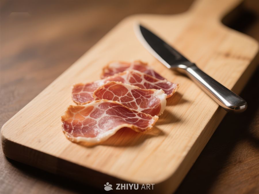 木板上的薄切肉片与刀具 714