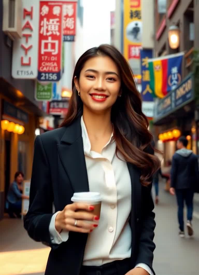 霓虹灯下微笑：咖啡美女漫步街头