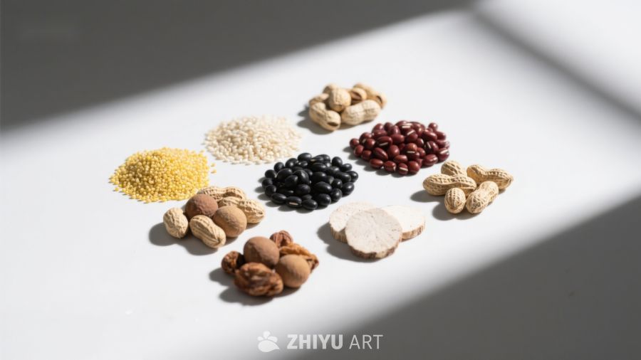 多样坚果与豆类的静物展示