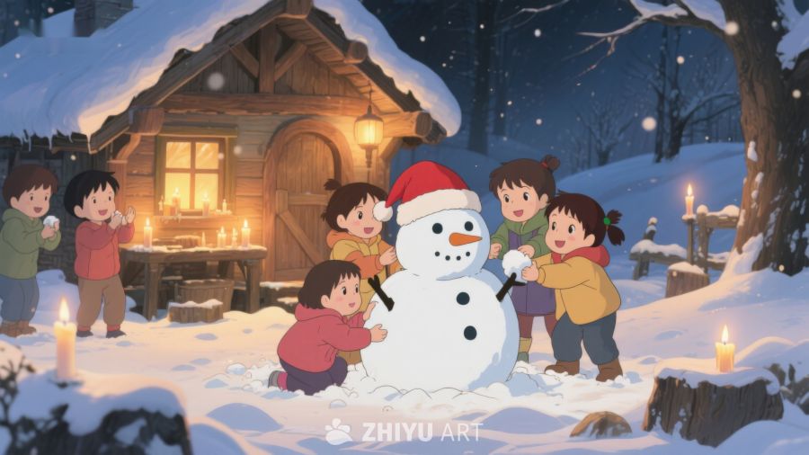 冬夜雪地堆雪人 96