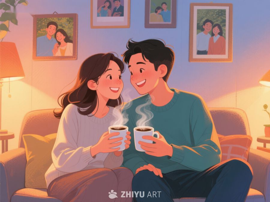 温馨夜晚，情侣共饮热茶 826
