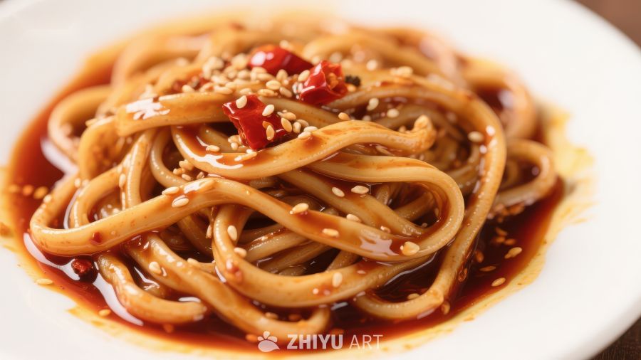 麻辣拌面，撒上芝麻和辣椒
