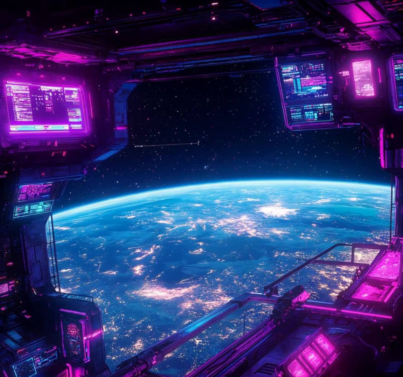 从宇宙飞船的窗口向外看，可以看到一个蓝色和白色的星