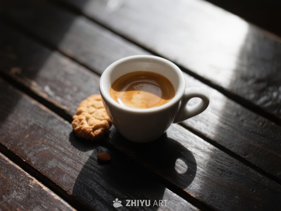 咖啡杯与饼干置于木质桌面