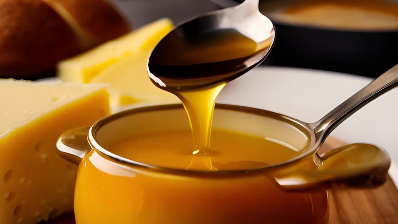 一个勺子从一个黄色的罐子里舀起蜂蜜，蜂蜜缓慢地滴落