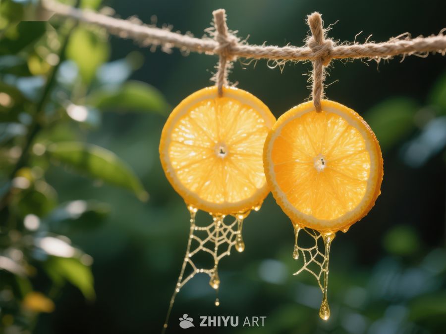橙片悬挂绳上，阳光下滴落汁液 100