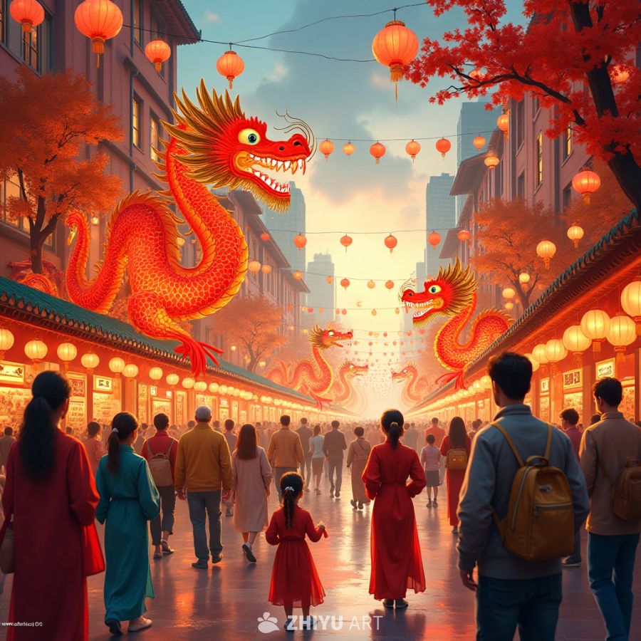龙舞灯影下的街市