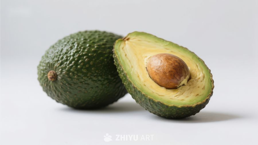 新鲜牛油果，一半切开展示果核