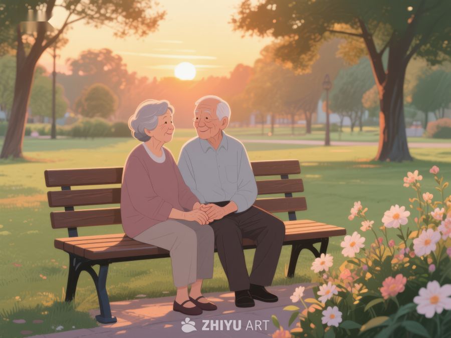 夕阳下公园长椅上的老夫妇 875